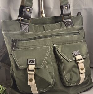 Olive Green Nylon Utility Tote Bag Multi Pocket Cargo Style Shoulder Bag